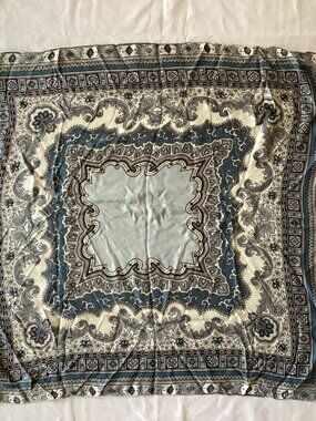 Vintage Silk Square Scarf | Slate Blue & Ivory Paisley 27x25.5"